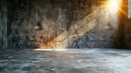 A serene and minimalistic concrete room bathed in warm light from a window, featuring soft dust particles dancing in the air, ideal for various creative projects.の素材