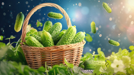A beautiful scene featuring fresh cucumbers tumbling into a woven basket, surrounded by lush greenery and a magical bokeh background, symbolizing natureの素材