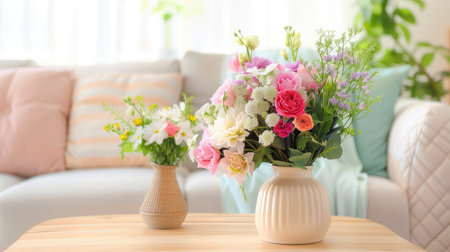 A stunning display of colorful floral arrangements in elegant vases, set on a modern wooden table in a cozy living room. The soft colors of the couch enhance the serene atmosphere, perfect for a warm and inviting interior space.の素材