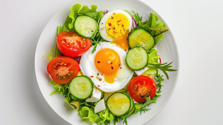 A visually appealing salad featuring a perfectly poached egg, vibrant tomatoes, crunchy cucumbers, and fresh greens, ideal for healthy eating enthusiasts.の素材