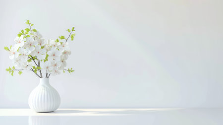 A beautiful arrangement of white flowers in a sleek vase, set against a light background, perfect for showcasing nature's elegance and simplicity.の素材