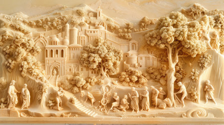 This intricate carved artwork showcases a scenic landscape enriched with figures and natural elements, reflecting artistry and cultural heritage.の素材