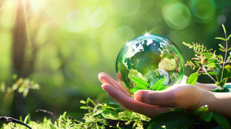 A person gently holds a crystal globe in their hand, surrounded by lush greenery and sunlight. This captivating image highlights themes of environmental awareness and sustainability efforts, showcasing the delicate balance between nature and human responsibility.の素材