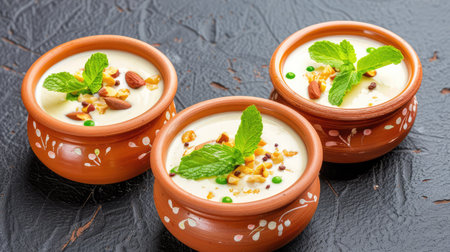This image features a delightful creamy dessert served in decorative clay pots, garnished with nuts and fresh mint leaves, perfect for any occasion.の素材
