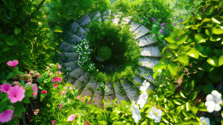 A stunning top view of a lush green spiral path, framed by vibrant flowers and rich foliage, invites serenity and exploration in a sunlit garden.の素材