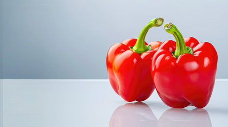 This image features two fresh red bell peppers resting on a reflective surface, ideal for culinary, healthy eating, or vegetarian-themed projects.の素材