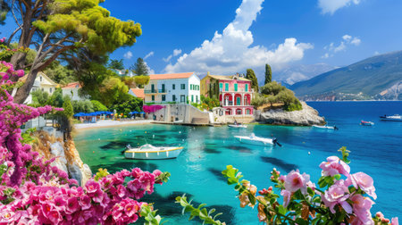 A breathtaking view of a tranquil coastal village featuring vibrant houses along the shoreline, surrounded by crystal-clear waters and blooming flowers. The landscape captures the essence of summer relaxation and natural beauty, perfect for a getaway.の素材