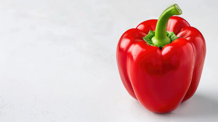 This image features a vibrant red bell pepper with a fresh green stem, set against a clean white background, perfect for highlighting healthy cooking options.の素材