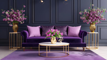 Experience a blend of luxury and warmth in this modern living room featuring a plush purple sofa, elegant decor, and vibrant floral arrangements.の素材