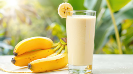 A delicious banana smoothie served in a clear glass, garnished with a slice of banana. Fresh ripe bananas in the background enhance the vibrant and healthy appeal.の素材