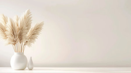 A serene and elegant arrangement featuring dried pampas grass in white vases, set against a soft light background, perfect for minimalist decor.の素材