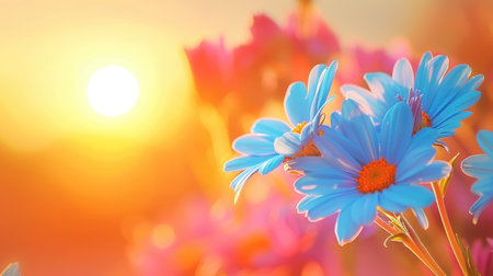 A stunning close-up of vibrant blue flowers illuminated by a warm sunset, showcasing the enchanting beauty of nature in a tranquil landscape.の素材