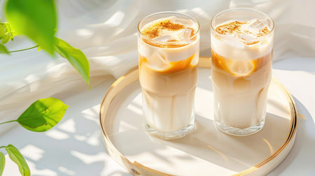 A pair of iced coffee glasses featuring creamy layers and spices, beautifully presented on a plate. Ideal for summer refreshment and food styling inspiration.の素材
