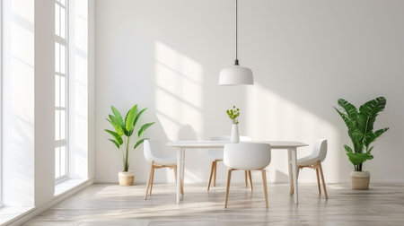 This image showcases a bright and airy dining room, featuring a minimalist table and chairs, lush green plants, and warm sunlight enhancing the tranquil ambiance.の素材