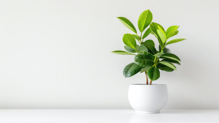A vibrant green indoor plant in a sleek white pot sits on a modern surface, illuminated by soft natural light, creating a peaceful and refreshing atmosphere.の素材