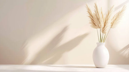 A serene composition featuring a minimalist white vase filled with dried pampas grass, set against a soft neutral background, creating an elegant indoor atmosphere.の素材