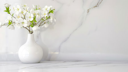A stunning arrangement of white blossoms in a minimalist vase set against a smooth marble surface, capturing the essence of elegance and tranquility in decor.の素材