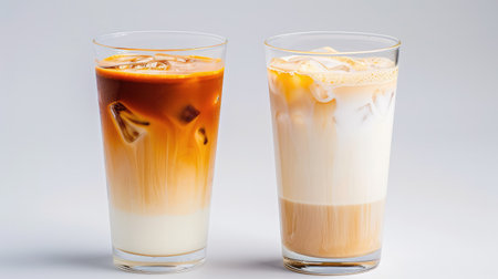Two enticing cold beverages in transparent glasses showcase a delightful contrast of rich coffee and creamy milk. Perfect for summer heat.の素材
