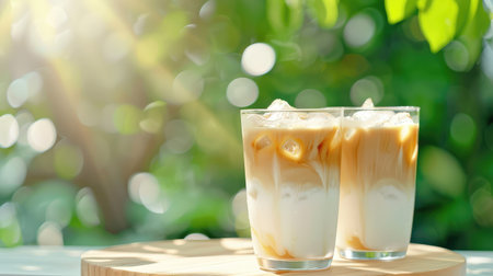 Enjoy a pair of refreshing iced coffee drinks that showcase creamy swirls and ice cubes in a sunlit garden. Perfect for summer relaxation.の素材