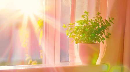 A lively potted plant sits on a windowsill, basking in warm sunlight that illuminates the cozy indoor atmosphere, creating a serene and calming ambiance.の素材