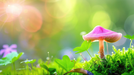 A striking pink mushroom stands tall among rich greenery, illuminated by gentle sunlight and soft bokeh effects, showcasing nature's vivid beauty and tranquility.の素材
