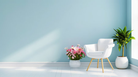 A stylish living room corner features a light blue wall, a cozy white armchair, lush indoor plants, and a vibrant flower arrangement in a pot, creating an inviting atmosphere.の素材