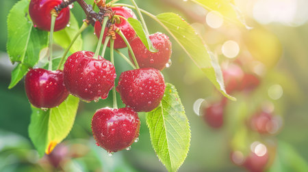 This image captures a close-up view of fresh, vibrant red cherries glistening with water droplets while hanging from a tree branch in sunlight.の素材