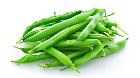 A vibrant pile of fresh green beans on a clean white background, perfect for use in culinary arts, healthy meal planning, and gardening projects.の素材