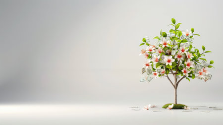 This image showcases a vibrant tree with delicate blossoms and money, representing growth and abundance. It captures the essence of financial success and prosperity in a fresh setting.の素材