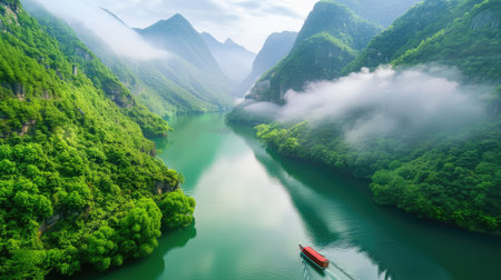 Discover a breathtaking scene featuring a winding river embraced by lush green mountains, with a boat gliding through calm waters under a serene sky.の素材