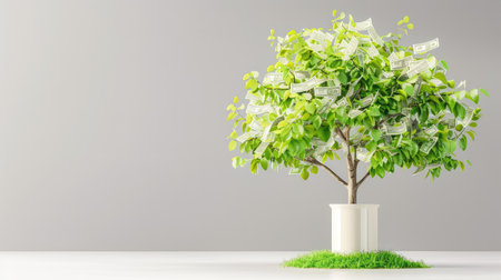 A vibrant money tree with dollar bills among the leaves symbolizes financial growth, opportunities, and prosperity for businesses and individuals.の素材