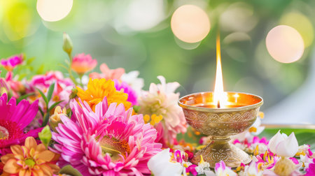 A stunning display of colorful flowers surrounding an oil lamp emits a warm glow, symbolizing beauty, spirituality, and celebration in vibrant culture.の素材