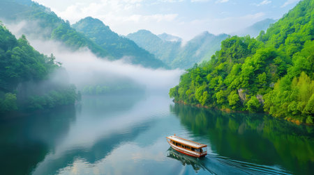 Discover the beauty of nature in this serene landscape featuring a traditional boat gliding on a tranquil lake, enveloped by vibrant green mountains and gentle mist.の素材