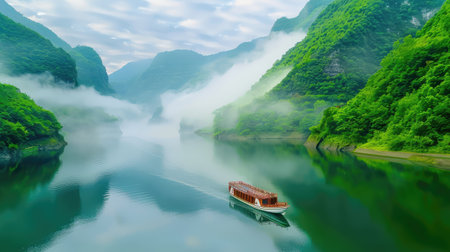 This breathtaking image captures a tranquil scene featuring a small boat gliding on calm waters, surrounded by lush green mountains and ethereal mist.の素材