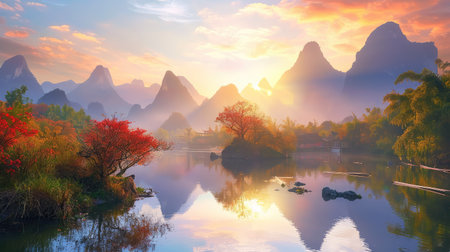 A captivating mountain landscape at sunset featuring vibrant colors in the sky. Still water reflects the serene scene while autumn foliage enhances nature's beauty.の素材