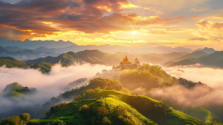 Breathtaking view of a vibrant sunrise illuminating a tranquil mountain landscape, featuring a beautiful ancient temple surrounded by lush green hills and mist.の素材