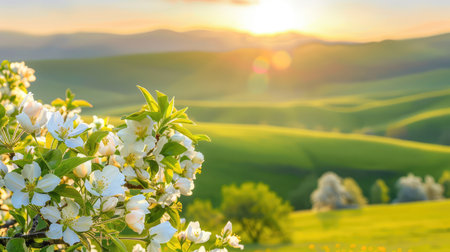 A stunning spring landscape showcasing blooming flowers in the foreground, vibrant green hills, and a radiant sunset illuminating the sky.の素材