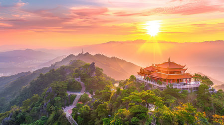 A breathtaking view of a serene mountain landscape at sunrise, featuring traditional architecture against a backdrop of vibrant skies and rolling hills.の素材