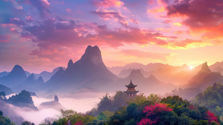 Experience the breathtaking beauty of a serene mountain landscape featuring a pagoda, soft mist, colorful sky, and vibrant foliage during sunrise.の素材