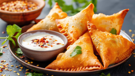 Delight in the crispy texture of golden samosas served with a refreshing yogurt sauce and sprinkled chili flakes, a perfect appetizer or snack.の素材