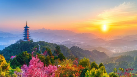 A breathtaking view of a pagoda perched on a mountain, surrounded by blooming cherry blossom trees at sunrise, capturing a serene and picturesque landscape.の素材