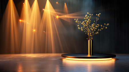 A beautifully arranged display of yellow flowers in a sleek vase, illuminated by dramatic stage lights, creating an elegant and captivating atmosphere.の素材