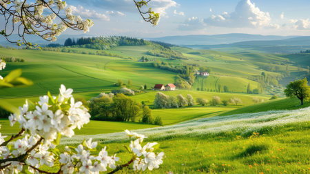 A stunning spring landscape captures blooming flowers in the foreground, rolling green hills, and a bright blue sky, perfect for nature lovers.の素材