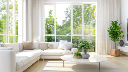 This serene living room features modern decor with large windows that fill the space with natural light, inviting greenery and a cozy atmosphere.の素材