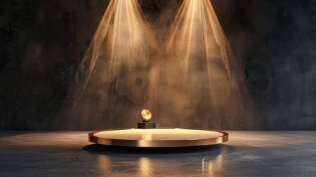 This image features a stunning golden trophy positioned on a round podium, illuminated by dramatic spotlighting in a dark, moody environment. Perfect for celebration themes.の素材