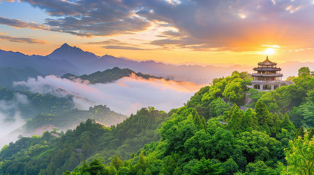 Captivating scenic view of a traditional pavilion perched on a lush mountain, surrounded by mist, vibrant sunset, and breathtaking natural beauty.の素材
