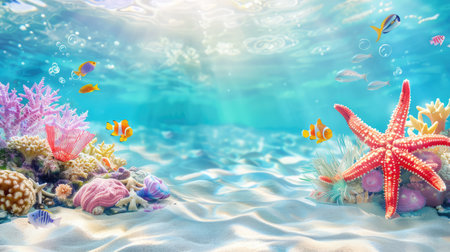Explore a vibrant underwater scene filled with colorful corals, lively fish, and a starfish resting on the sandy ocean floor, illuminated by sunlight.の素材