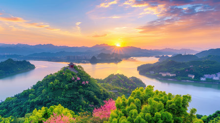 This breathtaking image captures a serene sunrise over a tranquil lake surrounded by vibrant mountains, with blooming flowers enhancing the picturesque scene.の素材