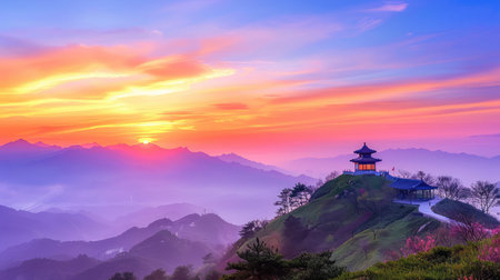 Capture the beauty of a breathtaking sunset over majestic mountains, featuring a traditional pavilion set against the vibrant sky. Ideal for nature lovers.の素材