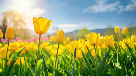 A breathtaking view of vibrant yellow tulips swaying gently in a sunlit spring garden, surrounded by a stunning blue sky and distant mountains.の素材